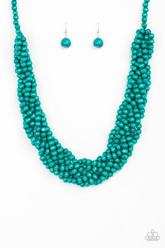 Paparazzi Accessories Tahiti Tropic - Blue Brushed in a refreshing blue finish, strands of vivacious wooden beads subtly twist across the chest for a summery look. Jewelry