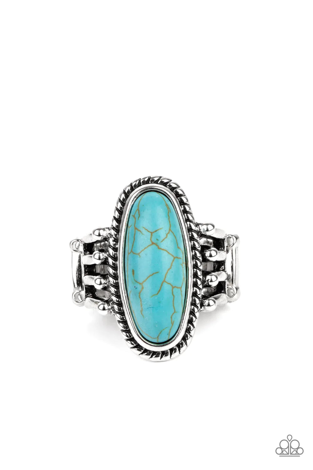 Paparazzi Accessories Home on the Ranch - Blue An oblong turquoise stone is pressed into the center of a textured silver frame attached to the studded ends of layered silver bands, creating a colorful rustic centerpiece atop the finger. Features a stretch