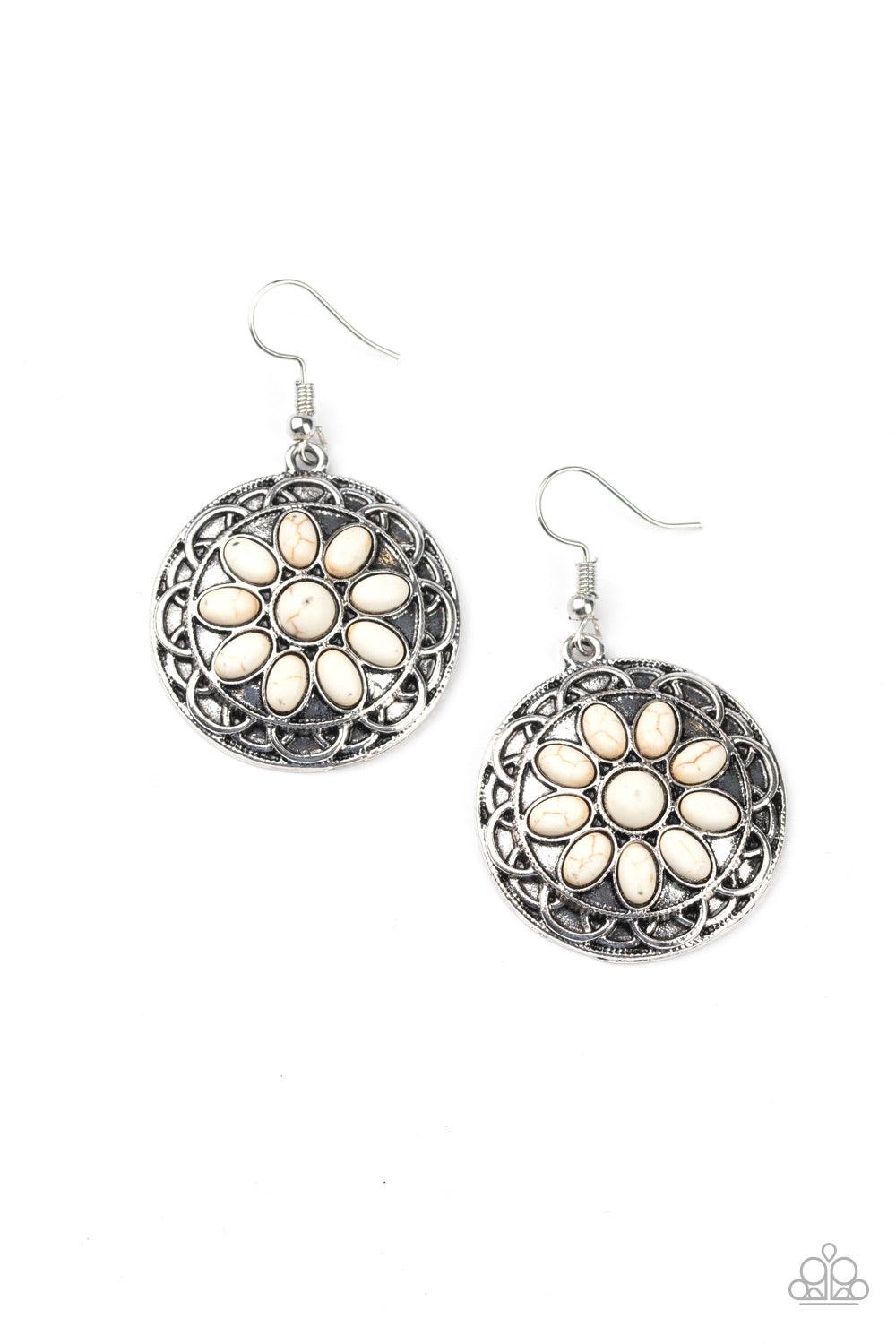 Paparazzi Accessories Mesa Oasis - White Refreshing white stones are pressed into the center of an ornate silver frame, creating a whimsical flower. Earring attaches to a standard fishhook fitting. Sold as one pair of earrings. Jewelry