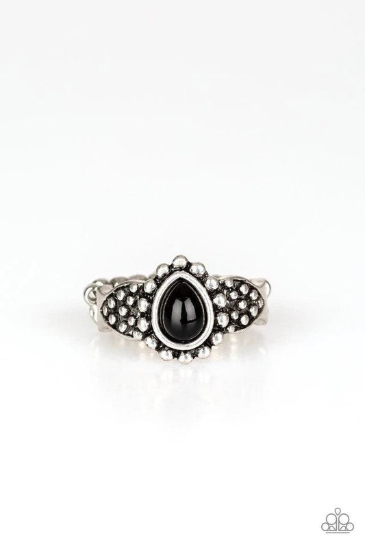 Paparazzi Accessories Pep Talk - Black A teardrop black bead is pressed into the center of a dainty silver band radiating with studded patterns for a seasonal look. Features a dainty stretchy band for a flexible fit. Sold as one individual ring. Jewelry