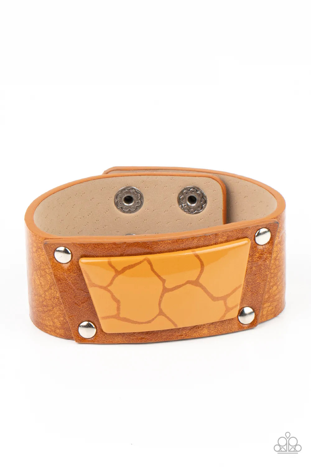 Paparazzi Accessories Geo Glamper - Orange Featuring a faux marble finish, a brown acrylic centerpiece attaches to a tan leather frame that is studded in place along a distressed tan leather band for a colorfully rustic fashion. Features an adjustable sna