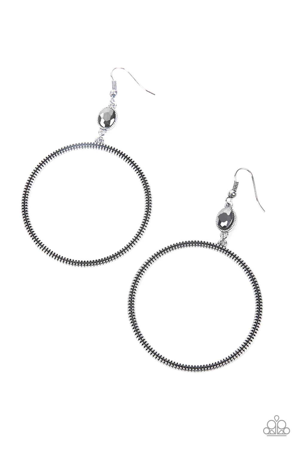 Paparazzi Accessories Work That Circuit - Silver A slim oversized silver ring, highlighted by two concentric circles of dotted texture, dangles from an oval hematite gem for an edgy refined look. Earring attaches to a standard fishhook fitting. Sold as on