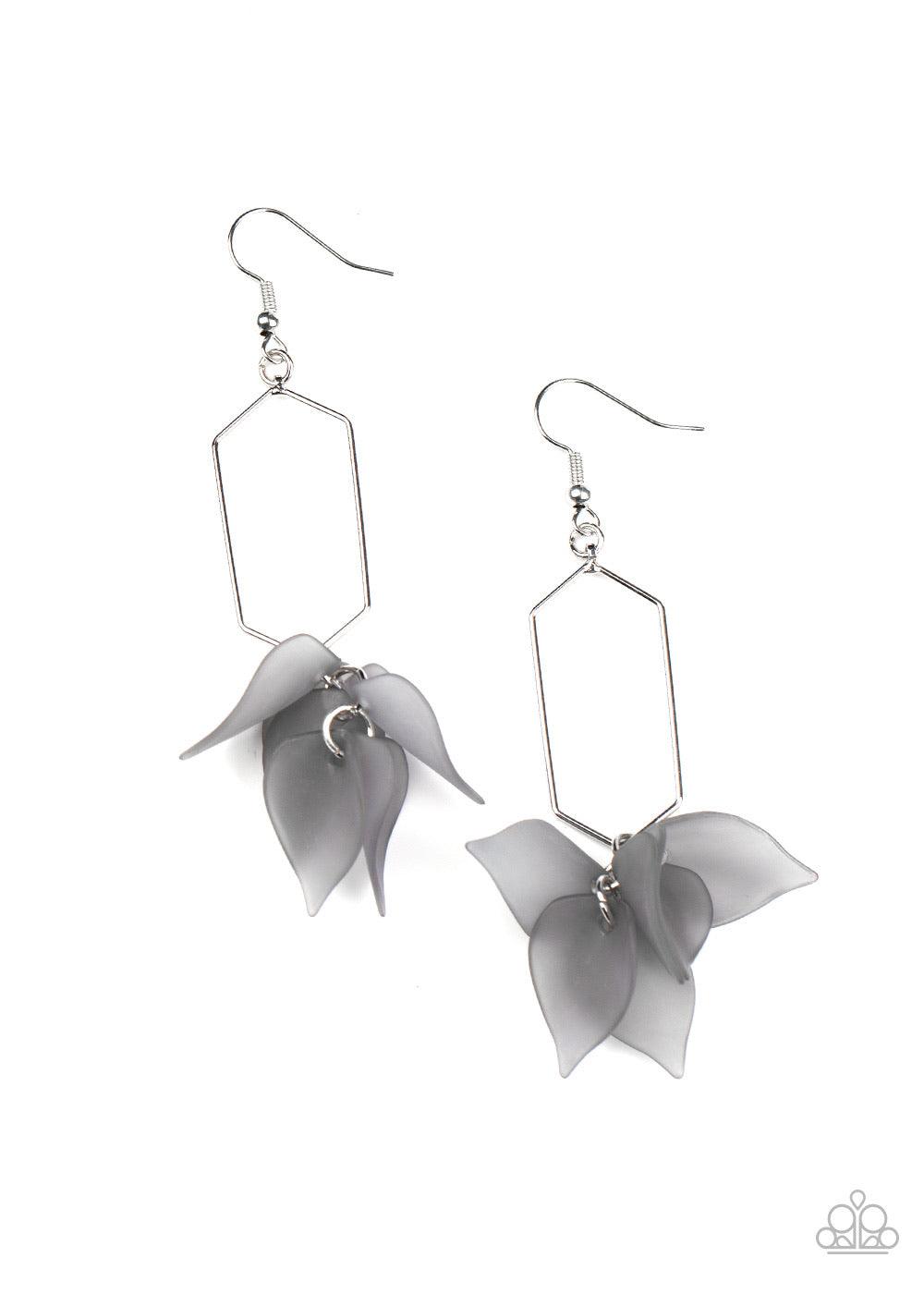 Paparazzi Accessories Extra Ethereal - Silver Curved gray acrylic petals cluster at the bottom of an airy silver geometric frame, creating a whimsical lure. Earring attaches to a standard fishhook fitting. Sold as one pair of earrings. Jewelry