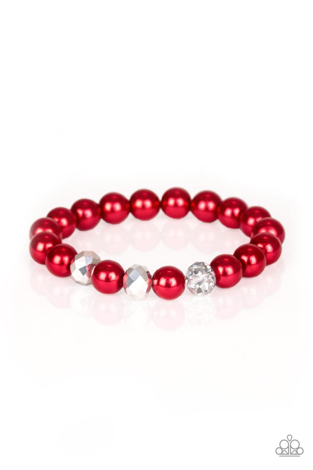 Paparazzi Accessories Really Resplendent - Red Infused with three metallic crystal-like beads, a refined collection of red pearls is threaded along a stretchy band around the wrist in a timeless fashion. Jewelry