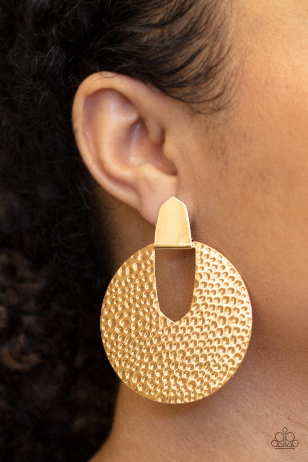 Paparazzi Accessories Bold Intentions - Gold An oversized gold frame has been hammered in a blinding shimmer as it dangles from an edgy gold fitting for a bold industrial look. Earring attaches to a standard post fitting. Jewelry