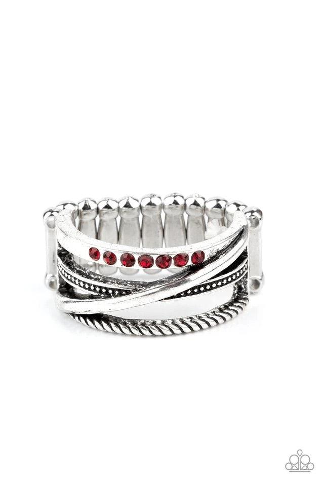 Paparazzi Accessories Stay In Your Lane - Red Dotted with a dainty section of fiery red rhinestones, mismatched smooth and textured silver bars haphazardly layer across the finger for an edgy look. Features a stretchy band for a flexible fit. Jewelry
