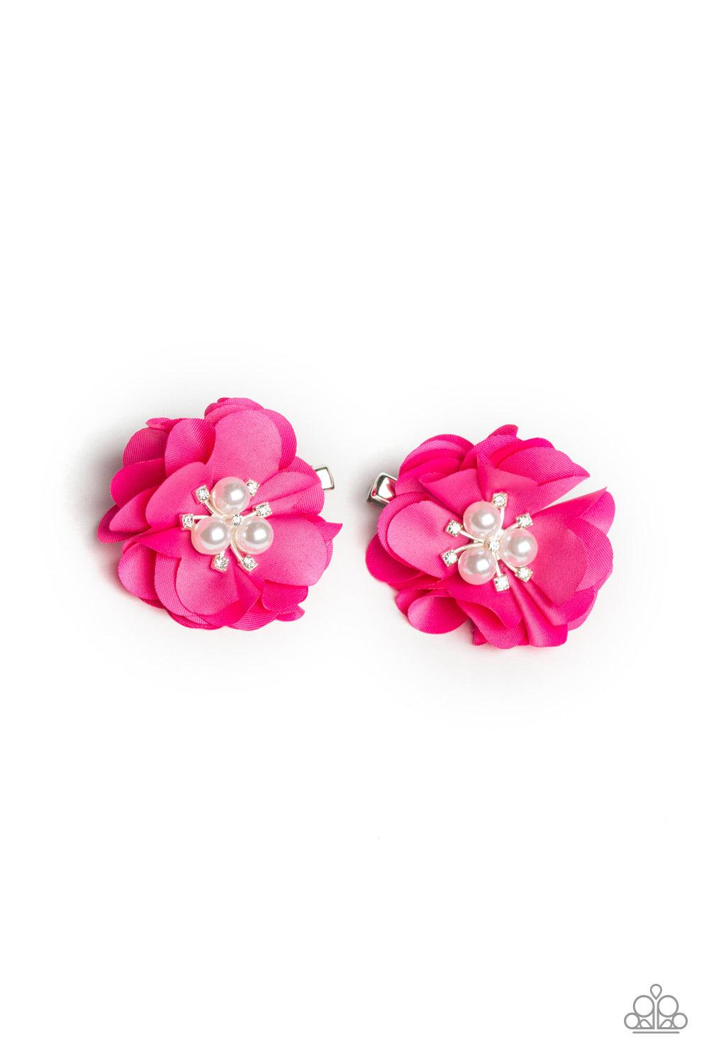 Paparazzi Accessories Diamond Dew - Pink Soft pink chiffon petals gather around two white rhinestone and pearl dotted centers, creating a refined pair of blossoms. Each flower features a standard hair clip on the back. Hair Accessories