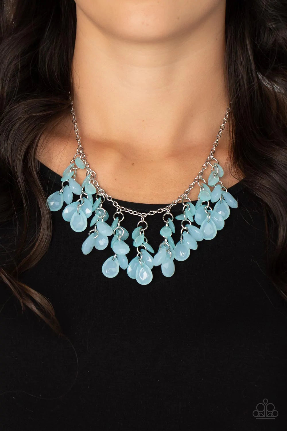 Paparazzi Accessories Crystal Cabaret - Blue Opaque trestles of glassy Spun Sugar teardrop beads colorfully cascade from a classic silver chain below the collar, creating a mystical fringe. Features an adjustable clasp closure. Sold as one individual neck