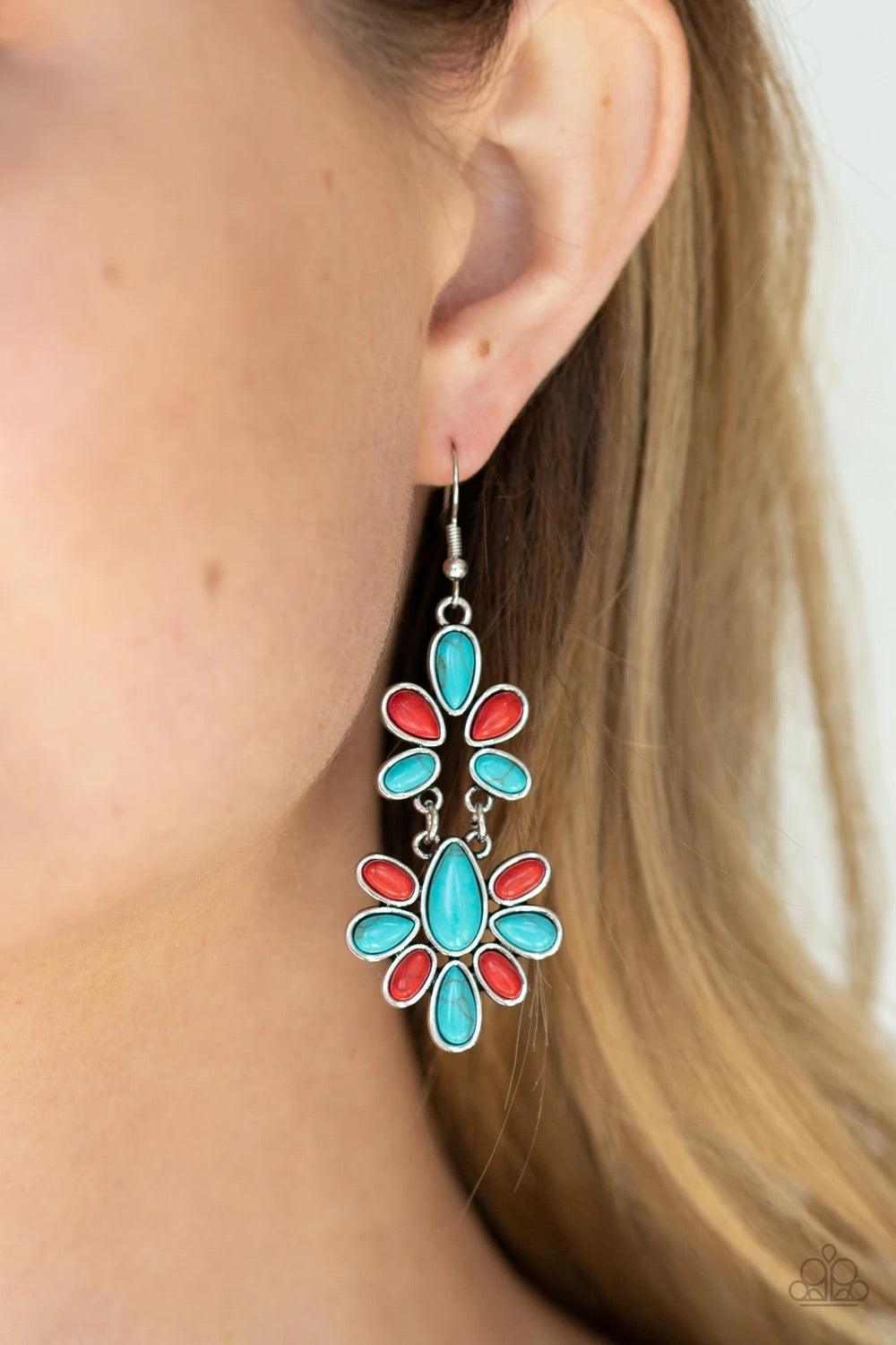 Paparazzi Accessories Cactus Cruise - Multi Encased in sleek silver frames, refreshing turquoise and fiery red stone teardrop frames delicately link into a wildly wonderfully floral pattern. Earring attaches to a standard fishhook fitting. Sold as one pai