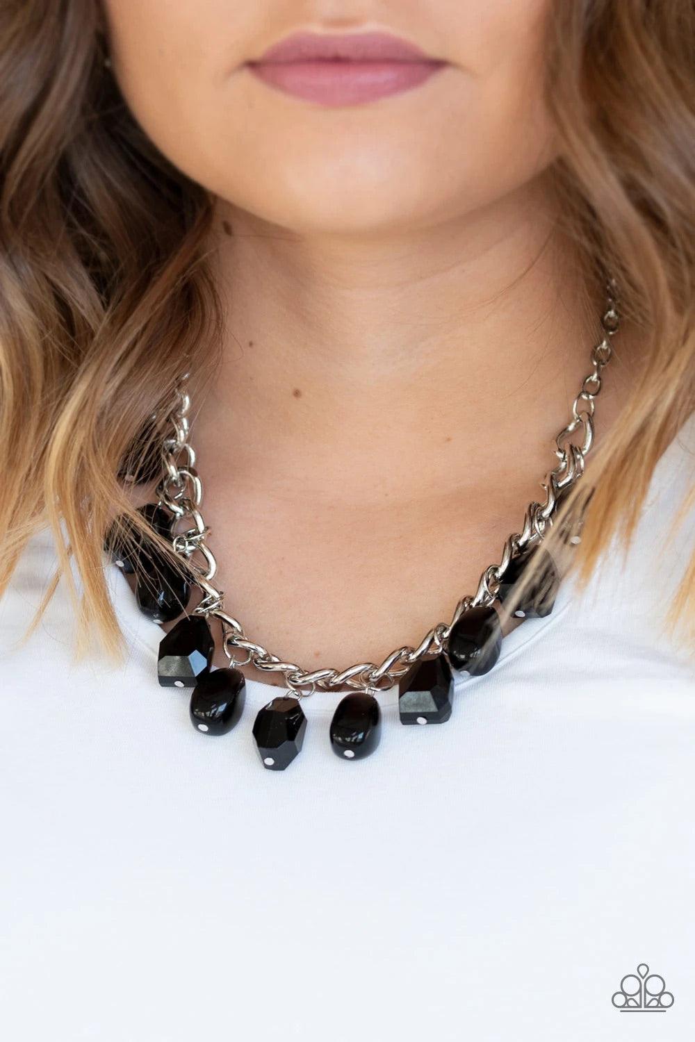 Paparazzi Accessories Take The COLOR Wheel! - Black A collection of round and faceted black beads swings from the bottom of a bulky silver chain below the collar, creating a vivacious fringe. Features an adjustable clasp closure. Sold as one individual ne