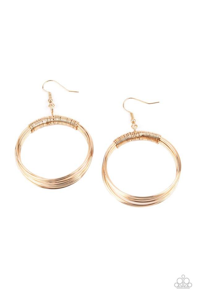 Paparazzi Accessories Urban Sun - Gold Dainty gold wire delicately wraps around layers of coiled gold wire, creating an edgy hoop. Earring attaches to a standard fishhook fitting. Sold as one pair of earrings. Jewelry