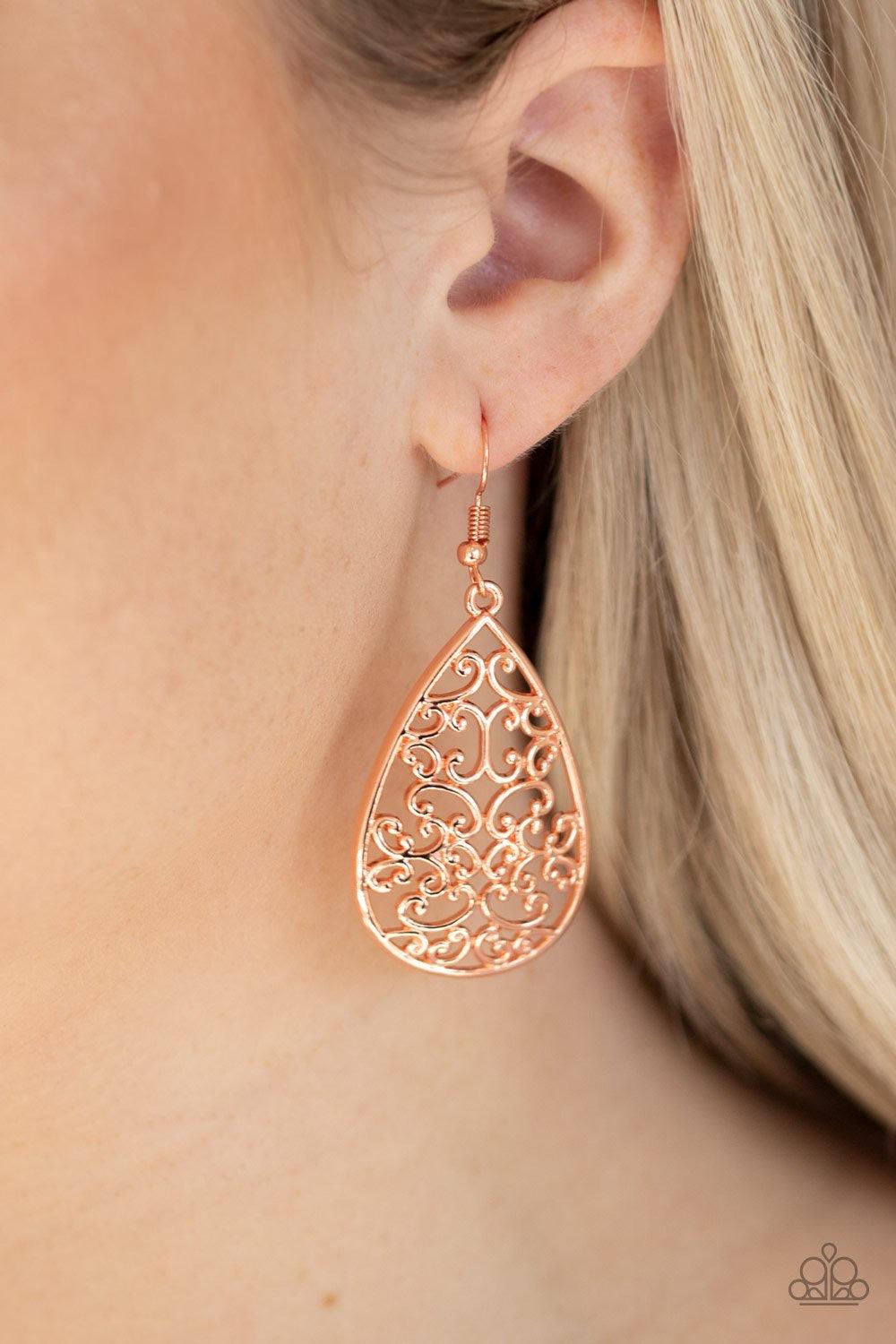 Paparazzi Accessories Divine Vine - Copper Vine-like filigree climbs the center of a shiny copper teardrop, creating a whimsical frame. Earring attaches to a standard fishhook fitting. Jewelry