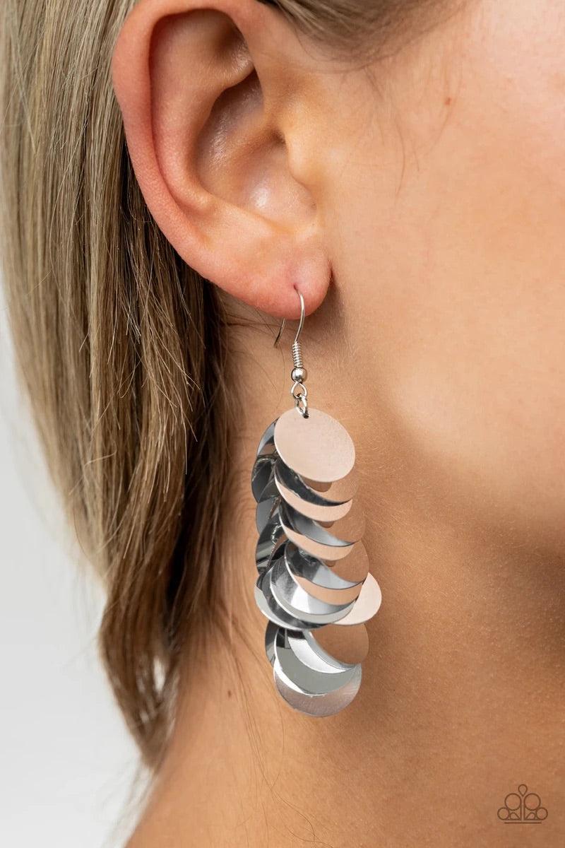 Paparazzi Accessories Now You SEQUIN It! - Silver A cluster of bubbly silver sequins dangle from the ear, creating effortless effervescence. Earring attaches to a standard fishhook fitting. Sold as one pair of earrings. Jewelry