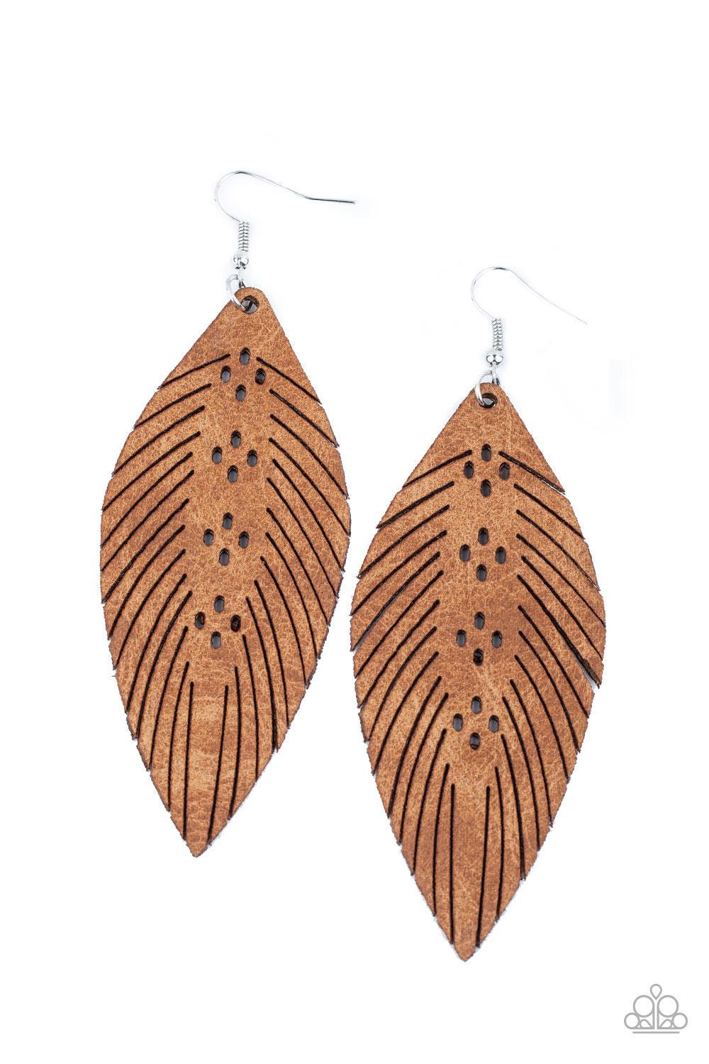 Paparazzi Accessories Wherever the Wind Takes Me - Brown Spliced and stenciled in whimsical detail, a distressed leather frame is cuter into a feathery frame for a free-spirited finish. Earring attaches to a standard fishhook fitting. Sold as one pair of