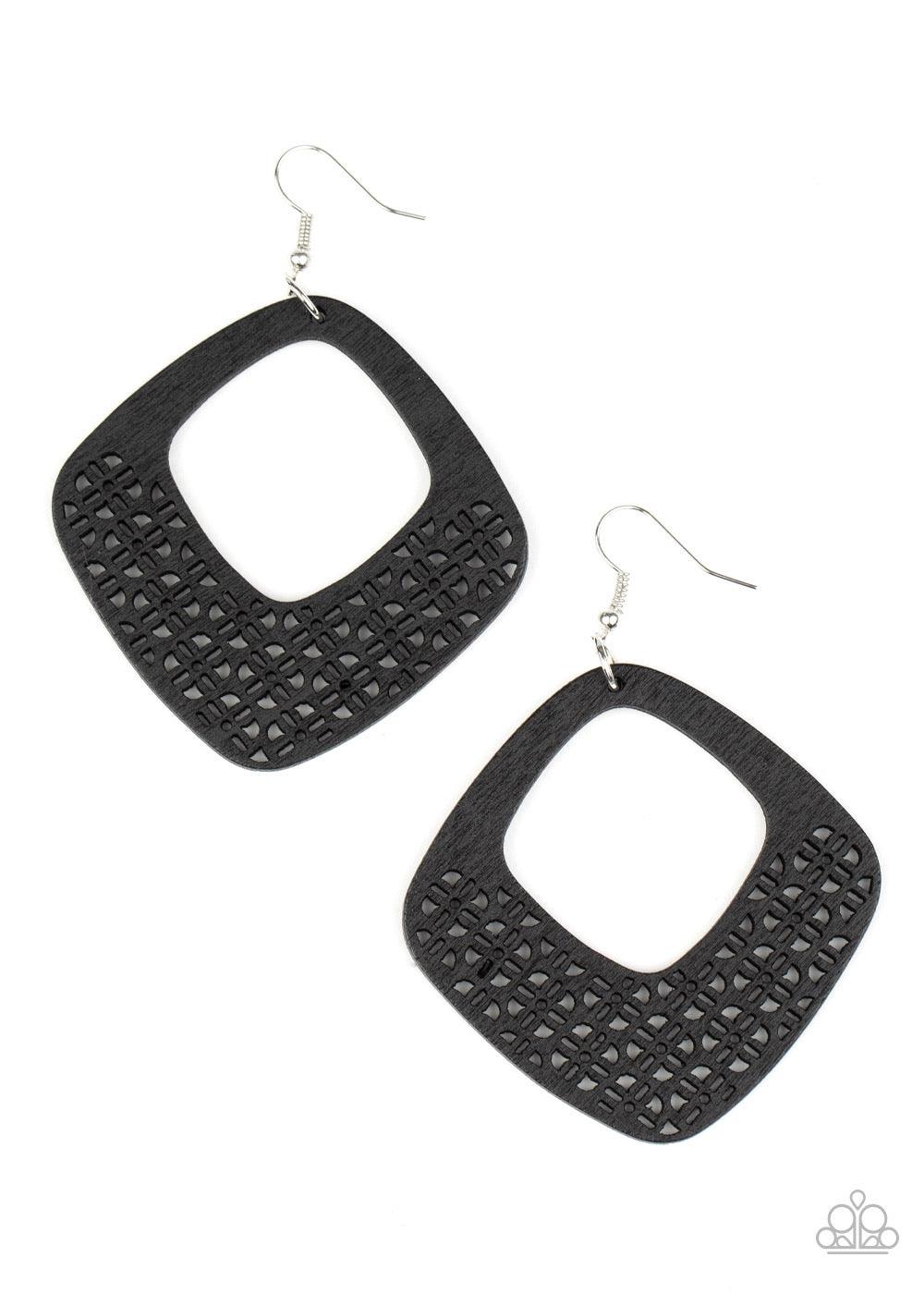 Paparazzi Accessories Wood You Rather - Black Painted in a neutral black finish, the bottom of a wooden diamond-shaped frame has been cut into an airy floral stenciled pattern for a whimsical finish. Earring attaches to a standard fishhook fitting. Sold a