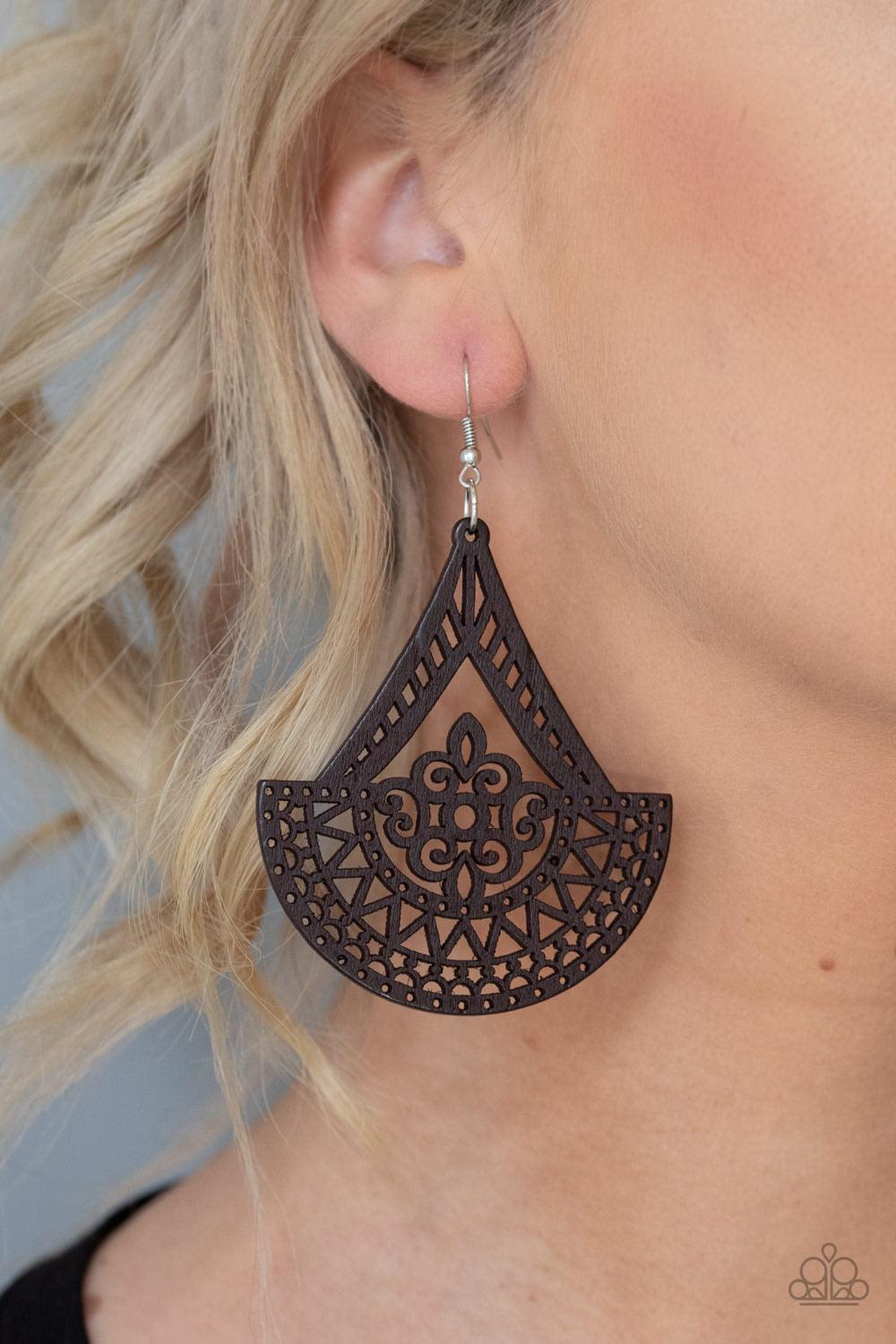 Paparazzi Accessories Tiki Sunrise - Brown Stenciled in an airy wooden filigree pattern, a decorative frame swings from the ear for a seasonal look. Earring attaches to a standard fishhook fitting. Jewelry