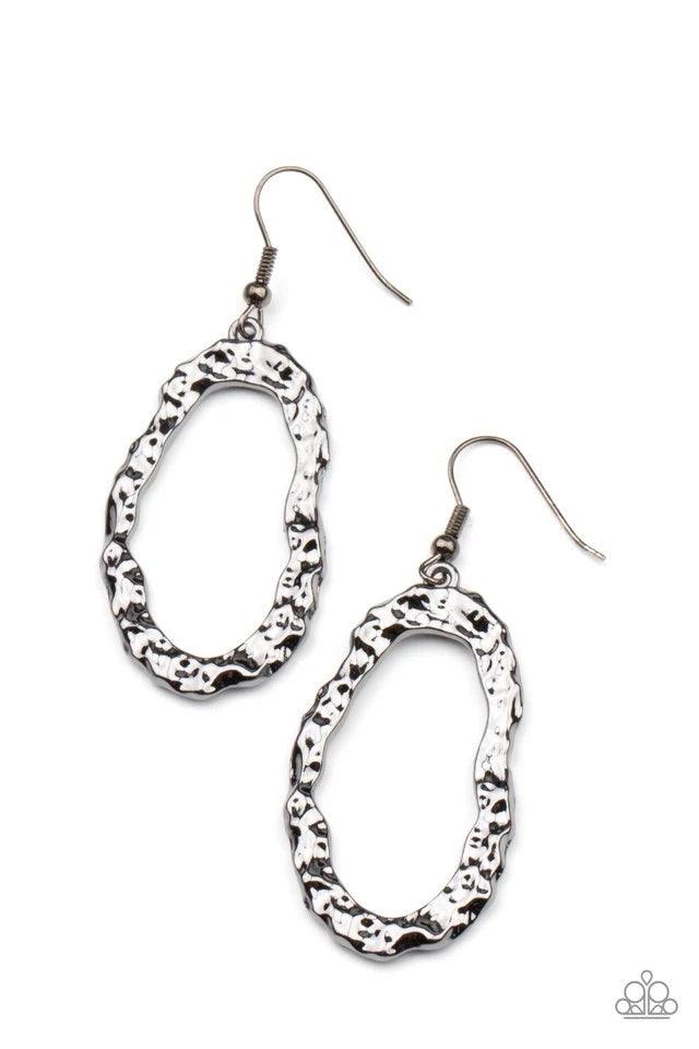 Paparazzi Accessories ARTIFACT Checker - Black A high sheen gunmetal oval frame is hammered into an asymmetrical frame, creating an edgy display. Earring attaches to a standard fishhook fitting. Jewelry