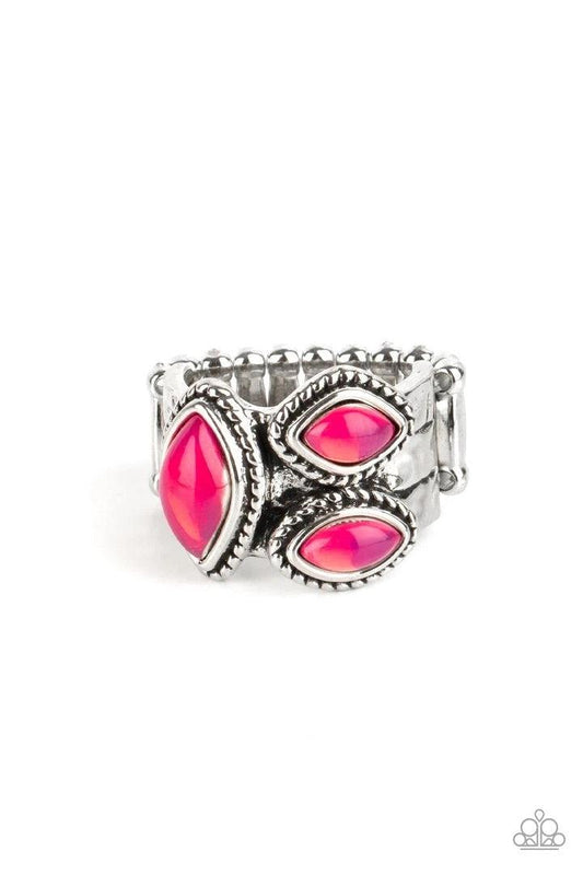 Paparazzi Accessories The Charisma Collector - Pink A trio of glassy pink marquise beads embellish the front of a hammered silver band etched in faux layers, creating an ethereal display atop the finger. Features a stretchy band for a flexible fit. Sold a