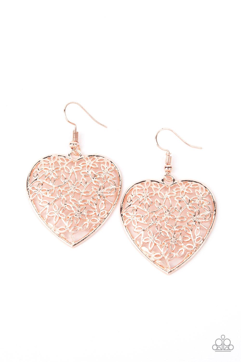 Paparazzi Accessories Let Your Heart Grow - Rose Gold Glistening floral filigree collects inside a rose gold heart, creating a whimsical frame. Earring attaches to a standard fishhook fitting. Sold as one pair of earrings. Jewelry