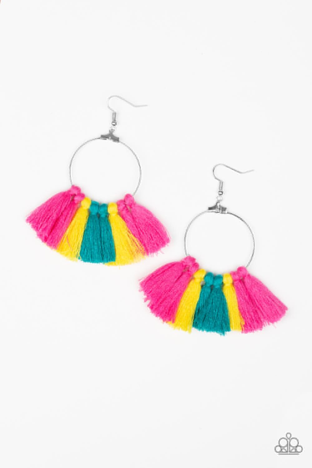 Paparazzi Accessories Peruvian Princess - Multi A collection of green, pink, and yellow threaded tassels are knotted around the bottom of a shimmery silver hoop, creating a flirtatious fringe. Earring attaches to a standard fishhook fitting.