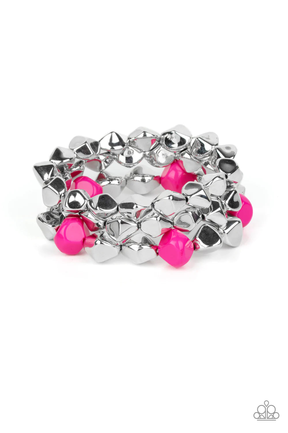 Paparazzi Accessories A Perfect TENACIOUS - Pink Infused with pops of Fuchsia Fedora accents, a faceted series of silver beads are threaded along stretchy bands around the wrist for a flashy fashion. Sold as one set of three bracelets. Jewelry