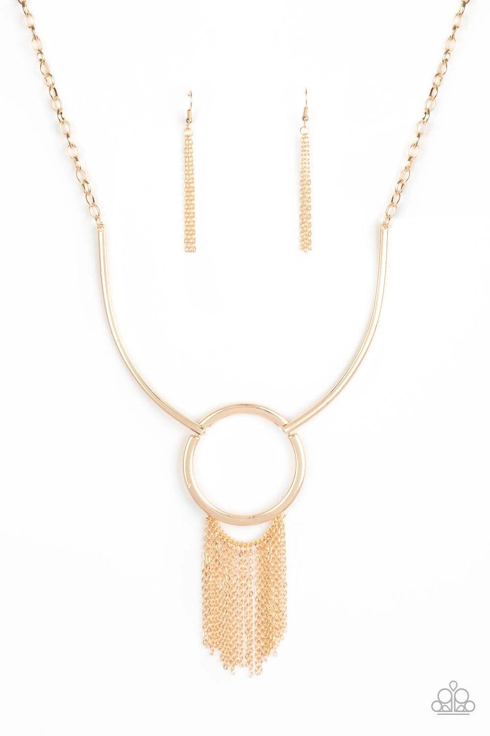 Paparazzi Accessories Pharaoh Paradise - Gold Attached to two bowing gold bars, a shiny gold hoop gives way to a shimmery gold chain fringe, creating a statement making look below the collar. Features an adjustable clasp closure. Sold as one individual ne
