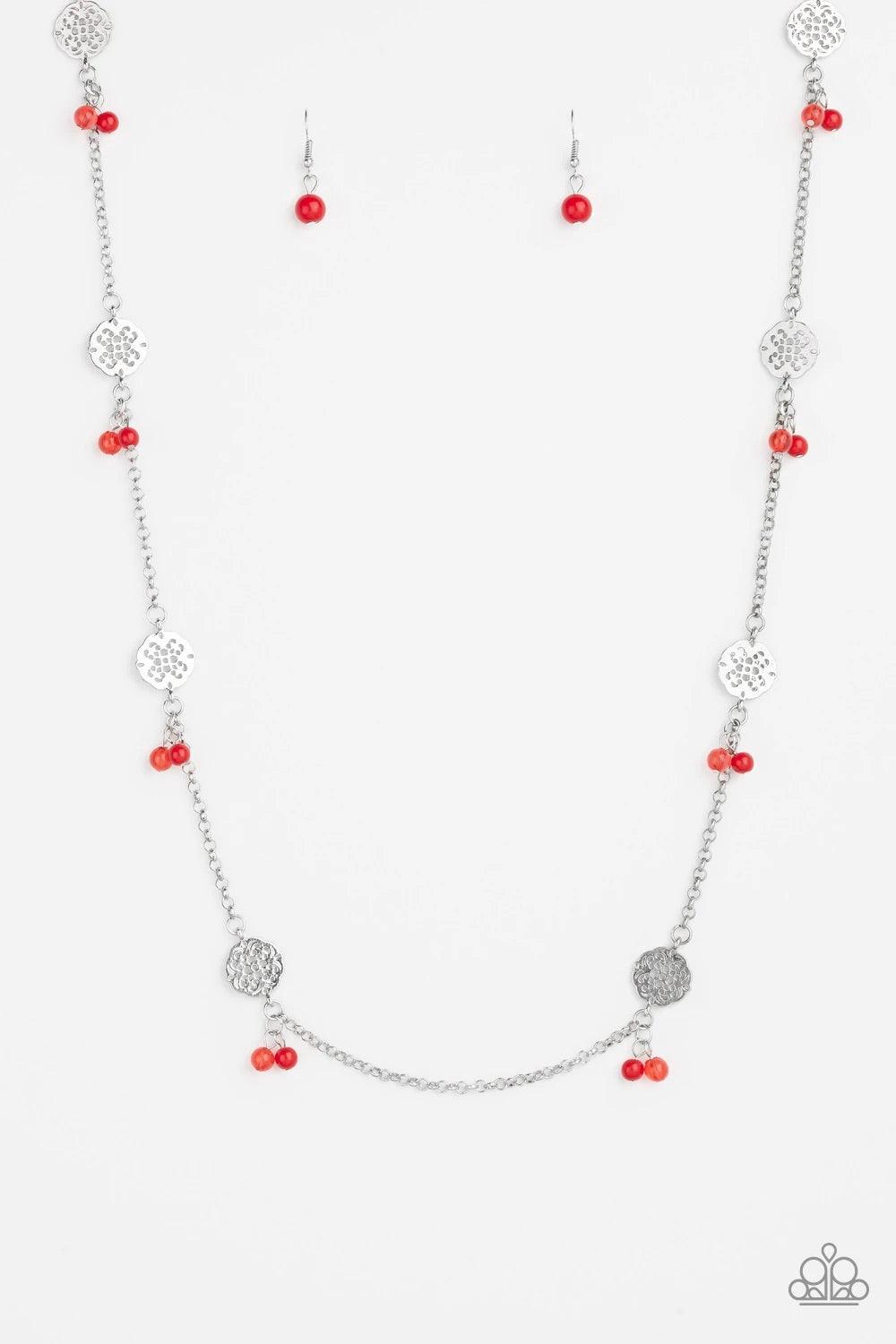 Paparazzi Accessories Color Boost - Red Featuring glassy and polished finishes, dainty red beads join ornate silver frames along a shimmery silver chain for a whimsical look. Features an adjustable clasp closure. Sold as one individual necklace. Includes