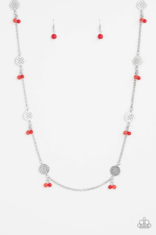 Paparazzi Accessories Color Boost - Red Featuring glassy and polished finishes, dainty red beads join ornate silver frames along a shimmery silver chain for a whimsical look. Features an adjustable clasp closure. Sold as one individual necklace. Includes
