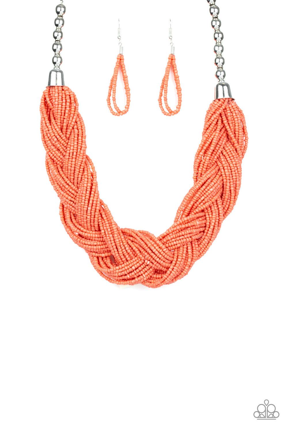 Paparazzi Accessories The Great Outback - Orange Brushed in a refreshing coral hue, countless seed beads weave into an indigenous braid below the collar. The colorful strands attach to large silver beads, adding a hint of metallic shimmer to the playful d