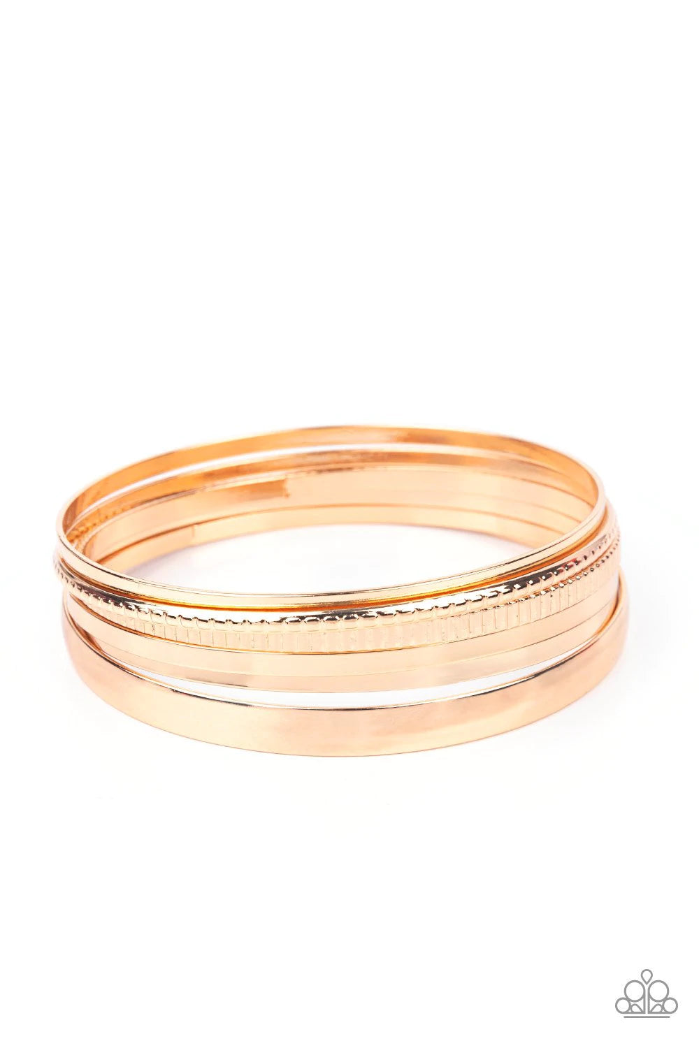 Paparazzi Accessories Gliding Gleam - Gold A set of gleaming gold smooth and textured bangles twinkle and chime as they stack up the wrist for a striking finish. Jewelry