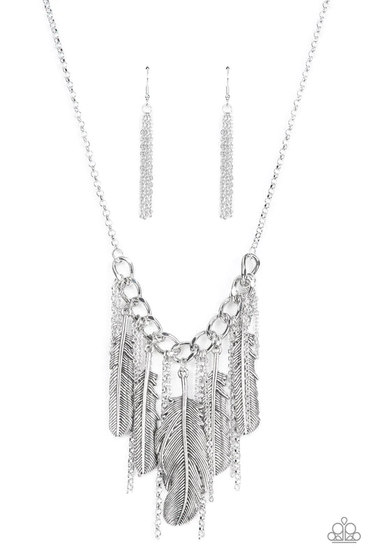 Paparazzi Accessories NEST Friends Forever - Silver Infused with lifelike textures, an oversized assortment of silver feathers alternate with free-falling silver chains along a chunky section of silver chain, creating a free-spirited fringe. Features an a