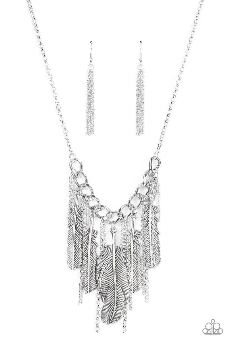 Paparazzi Accessories NEST Friends Forever - Silver Infused with lifelike textures, an oversized assortment of silver feathers alternate with free-falling silver chains along a chunky section of silver chain, creating a free-spirited fringe. Features an a