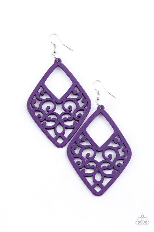 Paparazzi Accessories VINE For The Taking - Purple Brushed in a vivacious purple finish, wooden vine-like filigree climbs an airy kite-shaped frame for a seasonal vibe. Earring attaches to a standard fishhook fitting. Sold as one pair of earrings. Jewelry