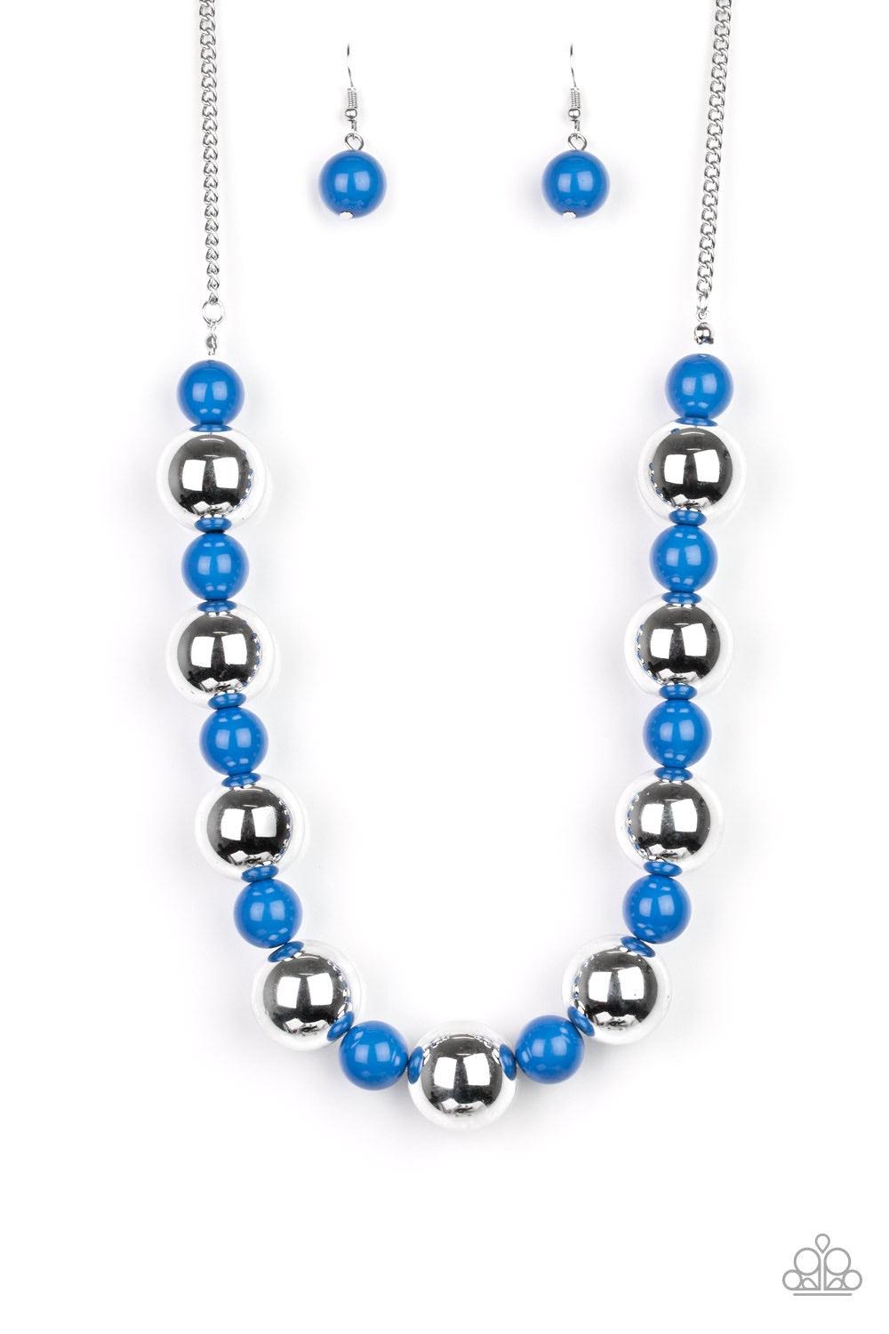Paparazzi Accessories Top Pop - Blue Polished blue beads and dramatic silver beads drape below the collar for a perfect pop of color. Features an adjustable clasp closure. Jewelry