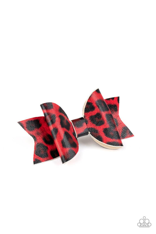 Paparazzi Accessories Hooked on FELINE - Red Featuring a red and black cheetah print, a shiny piece of leather delicately knots into a wild bow. Features a standard hair clip on the back. Sold as one individual hair clip. Hair Accessories