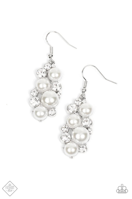 Paparazzi Accessories Fond of Baubles - White Vivaciously bubbly pearls and glittering white rhinestones flawlessly meld into abstract oval frames creating an elegant lure. Earring attaches to a standard fishhook fitting. Sold as one pair of earrings. Jew