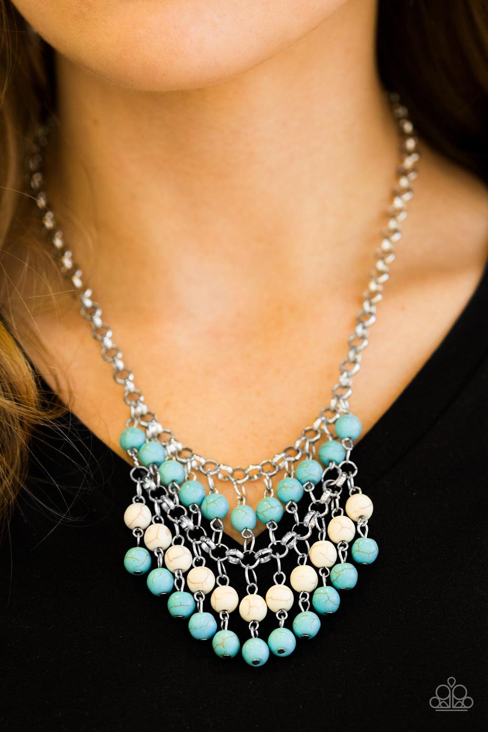 Paparazzi Accessories Jurassic Park Party - Multi Refreshing turquoise and white stone beads swing from the bottom of a netted silver chain, creating a bold artisanal fringe below the collar. Features an adjustable clasp closure. Sold as one individual ne