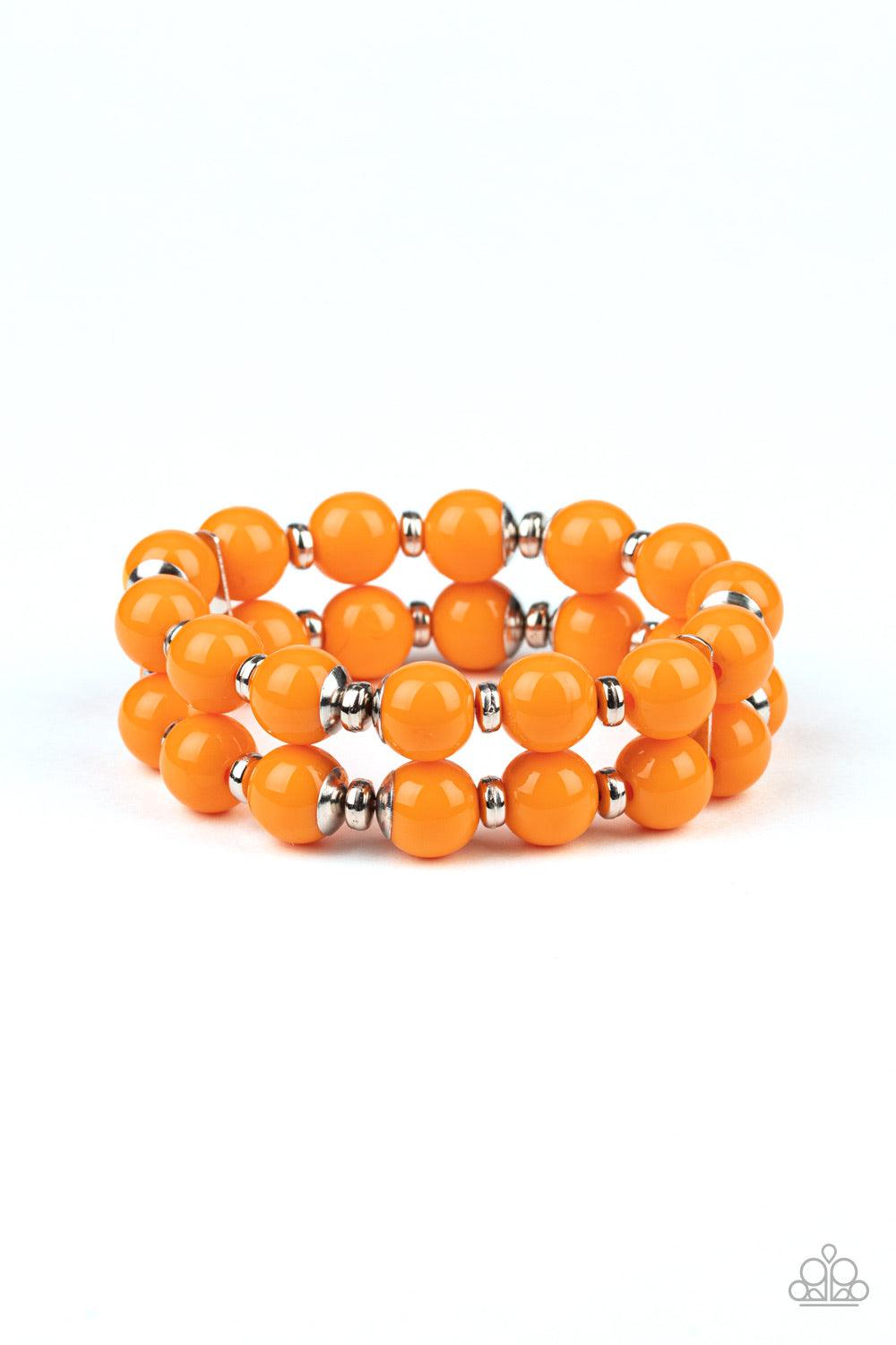 Paparazzi Accessories Bubble Blast Off - Orange Connected together by two dainty silver fittings, a bubbly collection of Saffron beads and shiny silver accents are threaded along two stretchy bands around the wrist for a bold pop of color. Jewelry