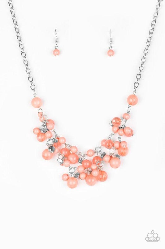 Paparazzi Accessories Spring Bride - Orange Polished and cloudy coral beads swing from two shimmery silver chains, creating a colorful fringe below the collar. Faceted silver beads trickle between the colorful accents, adding depth and shimmer to the whim