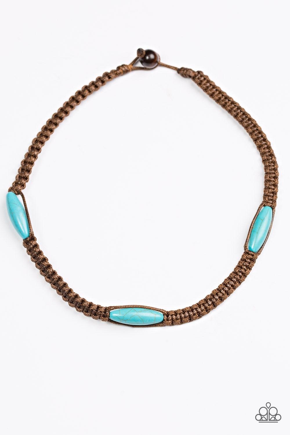 Paparazzi Accessories Mountain Adventure - Blue Braided brown twine knots around refreshing turquoise stone accents, creating an earthy palette below the collar. Features a button loop closure. Jewelry