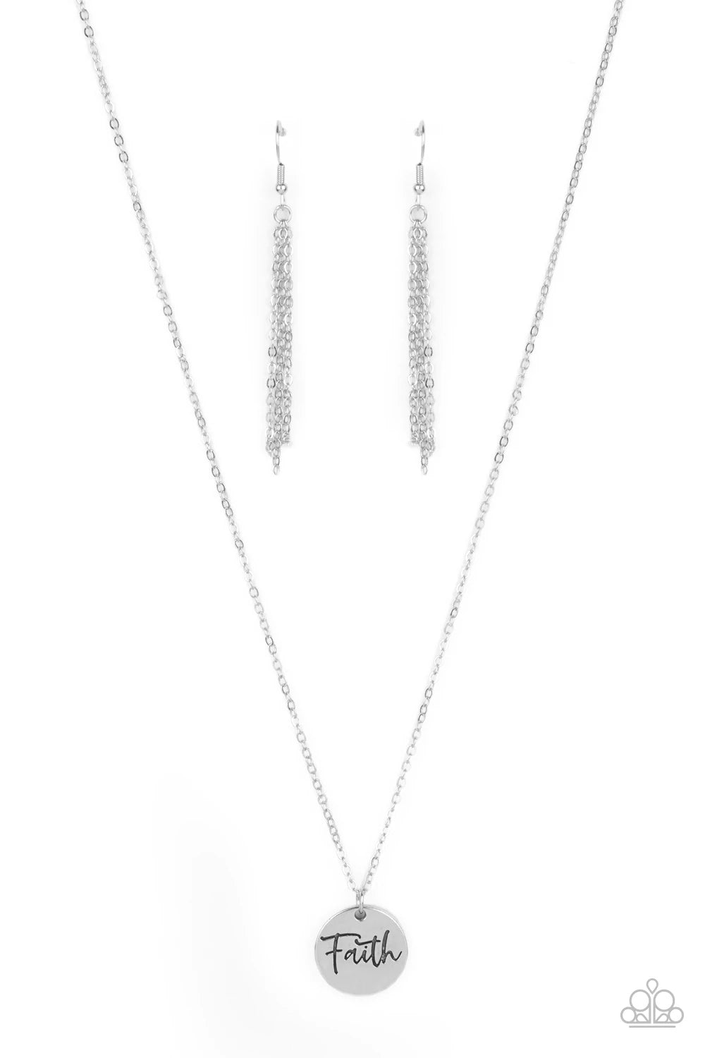 Paparazzi Accessories Choose Faith - Silver A dainty silver disc is stamped in the word, "Faith," at the bottom of a shiny silver chain, creating an inspiring pendant below the collar. Features an adjustable clasp closure. Sold as one individual necklace.