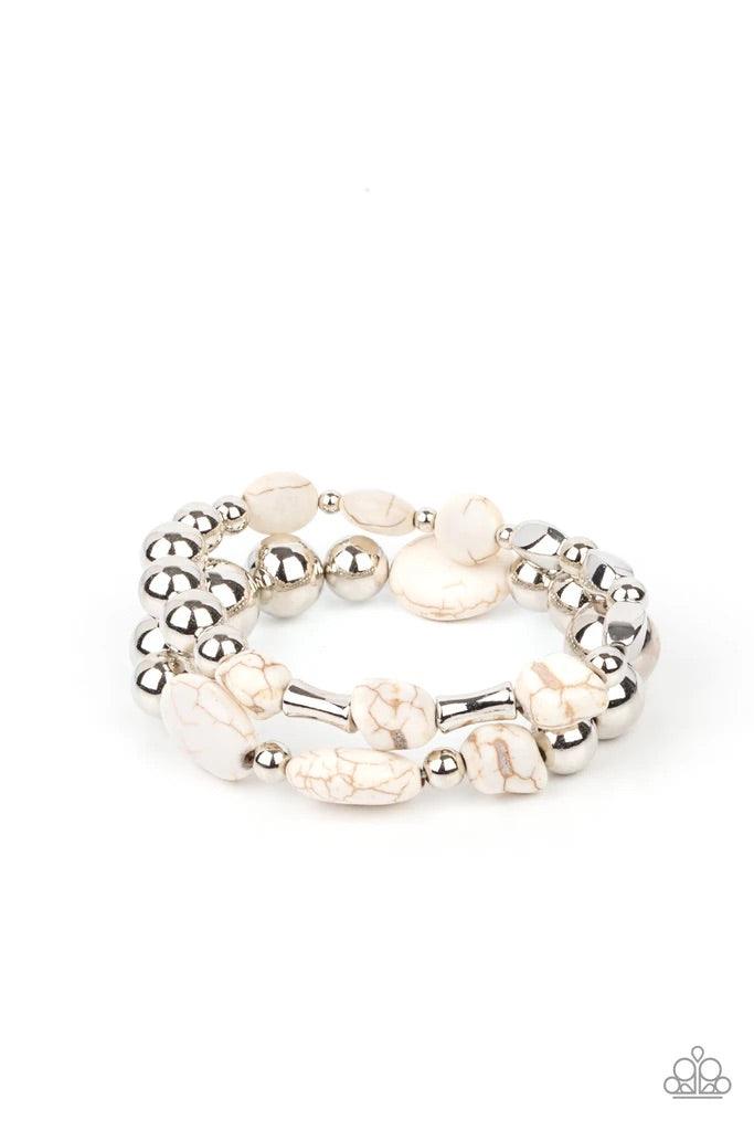 Paparazzi Accessories Authentically Artisan - White Mismatched white stones and oversized silver beads are threaded along stretchy bands around the wrist, creating earthy layers. Sold as one pair of bracelets. Jewelry