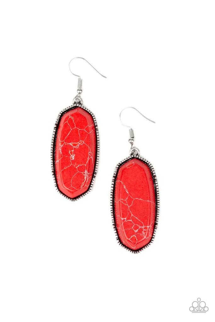 Paparazzi Accessories Stone Quest - Red Featuring a faux marble finish, a fiery red stone is pressed into a studded silver frame for a seasonal flair. As the stone elements in this piece are natural, some color variation is normal. Earring attaches to a s