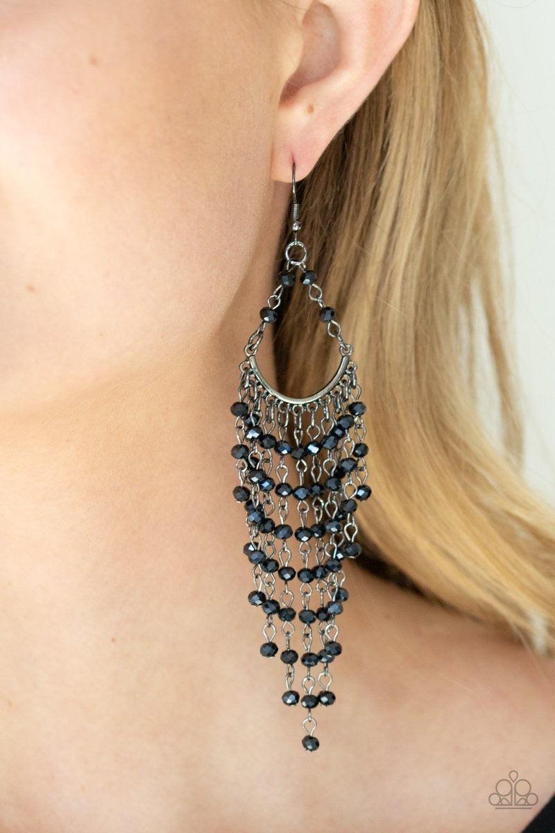 Paparazzi Accessories Metro Confetti - Blue Metallic blue beaded tassels cascade from the bottom of a bowing gunmetal bar, creating an ethereal tapered fringe. Earring attaches to a standard fishhook fitting. Sold as one pair of earrings. Jewelry