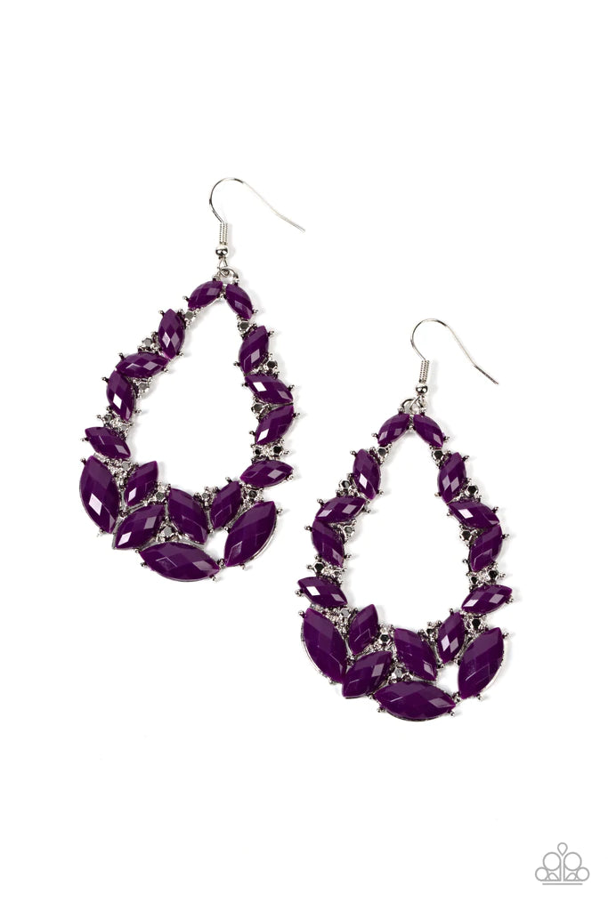 Paparazzi Accessories Tenacious Treasure - Purple Featuring pronged silver fittings, a glimmering collection of faceted plum marquise beads coalesce into a glamorous teardrop. Faceted silver accents are sprinkled through the design, adding a spritz of met