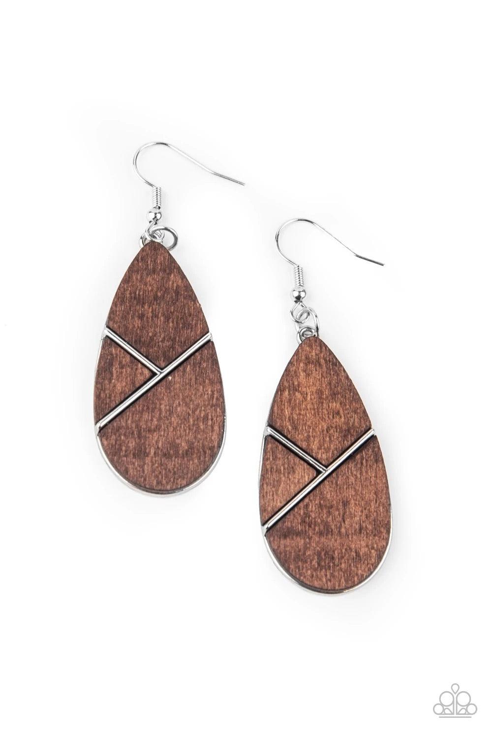 Paparazzi Accessories Sequoia Forest - Brown Flat brown wooden frames piece together across the front of a silver teardrop, creating an earthy geometric lure. Earring attaches to a standard fishhook fitting. Sold as one pair of earrings. Jewelry