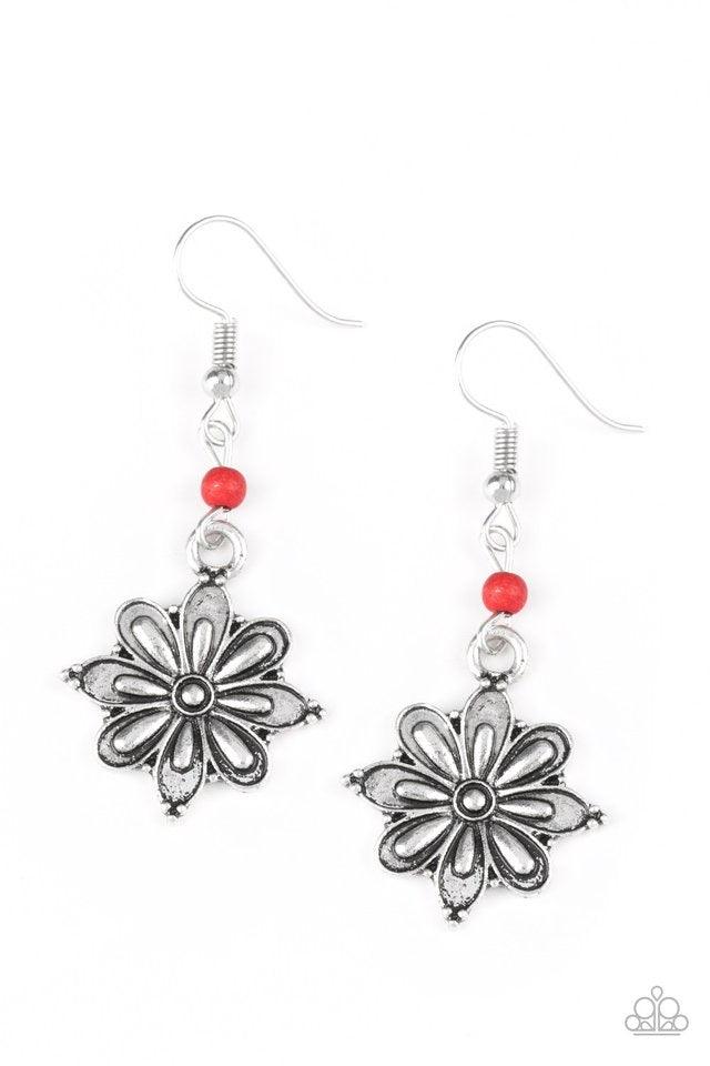 Paparazzi Accessories Cactus Blossom - Red Brushed in a high-sheen finish, a glistening silver flower frame swings from the bottom of a dainty red stone for a seasonal look. Earring attaches to a standard fishhook fitting. Sold as one pair of earrings. Je
