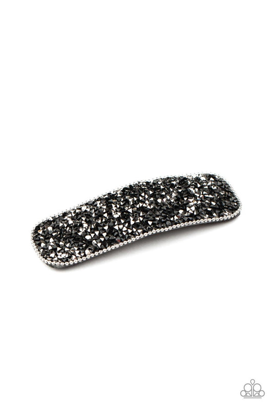 Paparazzi Accessories From HAIR On Out - Black Bordered by a dainty silver ball chain, a glittery collection of hematite rhinestones are encrusted across the front of a frame for a glamorous look. Features a standard hair clip. Sold as one individual hair
