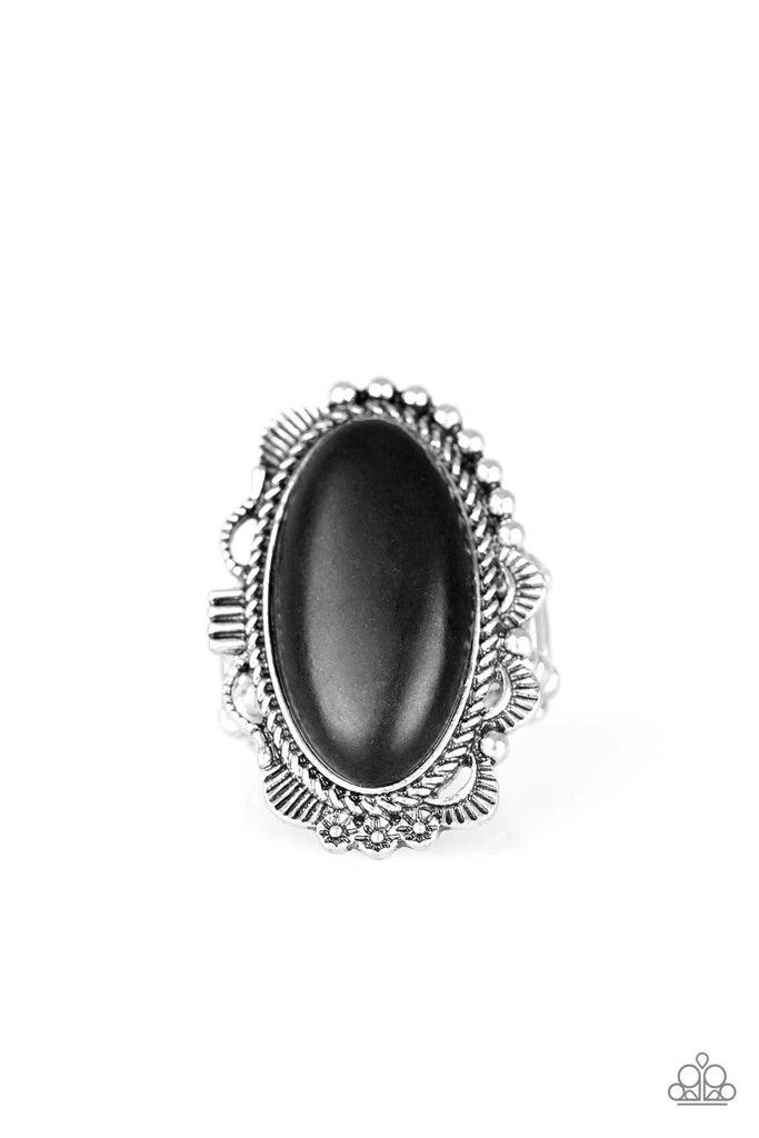 Paparazzi Accessories Open Range - Black An earthy black stone is pressed into an ornate silver frame rippling with studded and serrated textures for a seasonal flair. Features a stretchy band for a flexible fit. Sold as one individual ring. Jewelry
