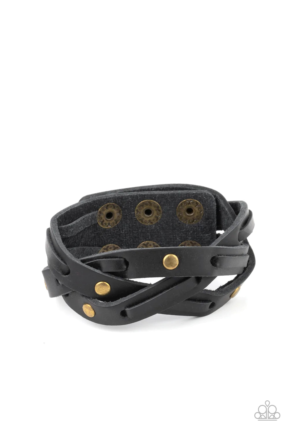 Paparazzi Accessories Rugged Roundup - Brass Featuring sections of brass studs and black leather laces, black leather bands weave into a rugged braid around the wrist. Features an adjustable snap closure. Sold as one individual bracelet.